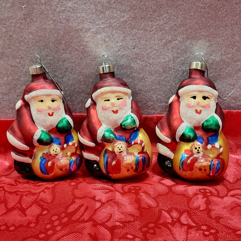 3pc Blown Glass Santa Claus Toy Bag Round Bottom Roly Poly Christmas Ornaments